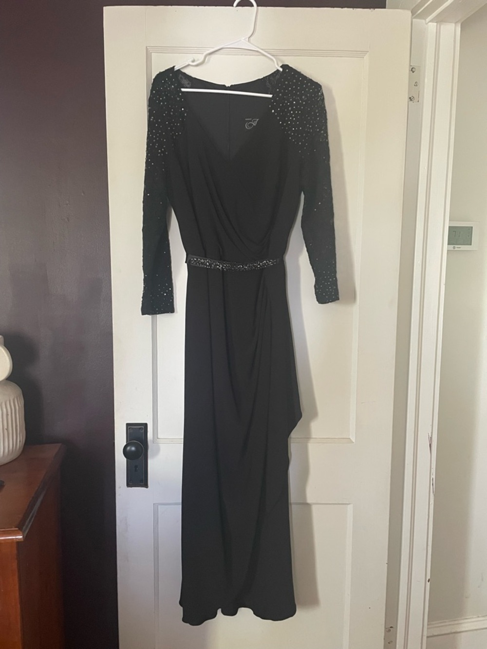 Alex Evenings Black Long Sleeve Beaded Evening Gown with Beaded Belt.